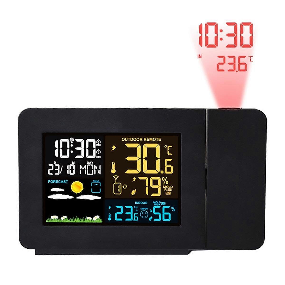 LED Indoor Outdoor Temperatur und Luftfeuchtigkeitsmesser - Projektionswecker Wettervorhersage mit Ba