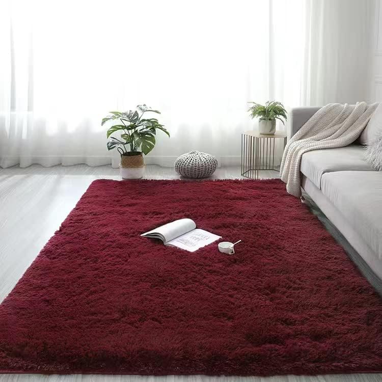MEI Stylish Modern Soft Wool Plain Solid Basic Fluffy Shaggy Faux Fur Rug Floor Mat Carpet Home Decor with Antislip Plush High Pile Bottom for Bedroom Living Room (Size 120ร160CM) (Red Wine)