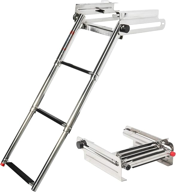 DasMorine Pop-N-Lock Boarding 3-Step Undermount Sliding Marine Boat Telescoping Swim Ladder,3 Steps Stainless Steel Telescopic Ladder