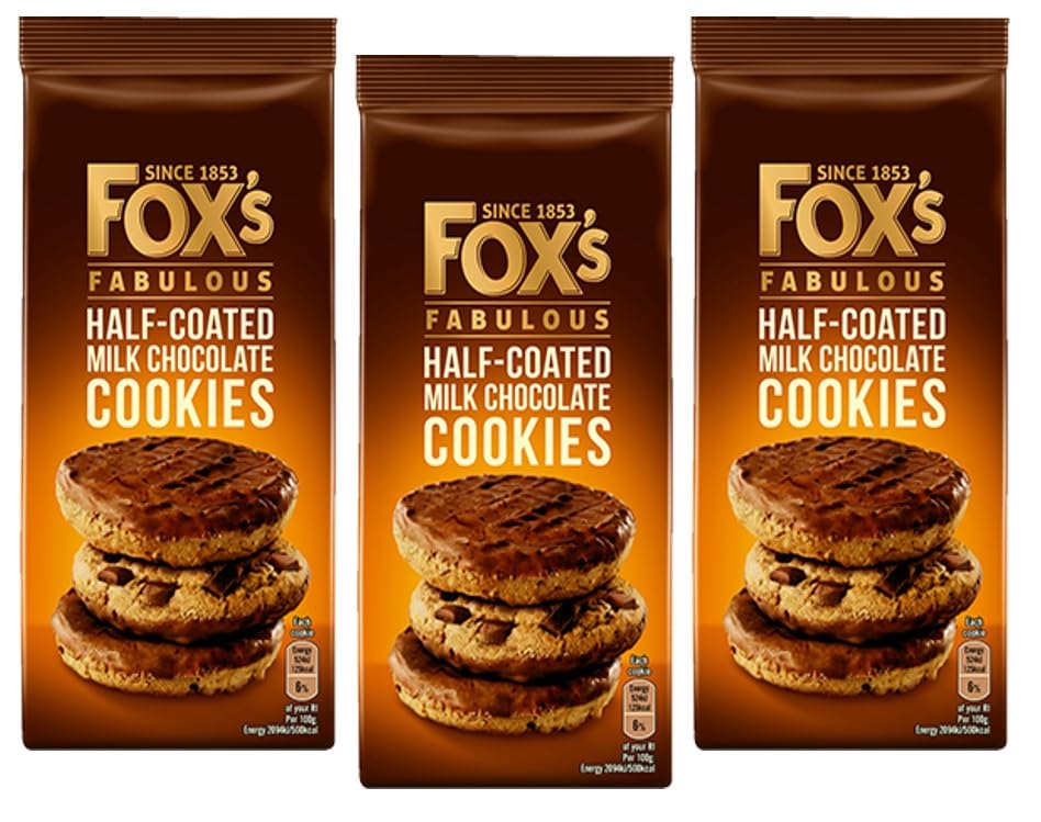Foxs Fabulous Half Coated Milk Chocolate Cookies 175g | Chocolate Biscuits | Chocolate Chunky Cookies | Chocolate Coated Bread | Available for Hampers and Gifts on all Occassions (Pack of 3)