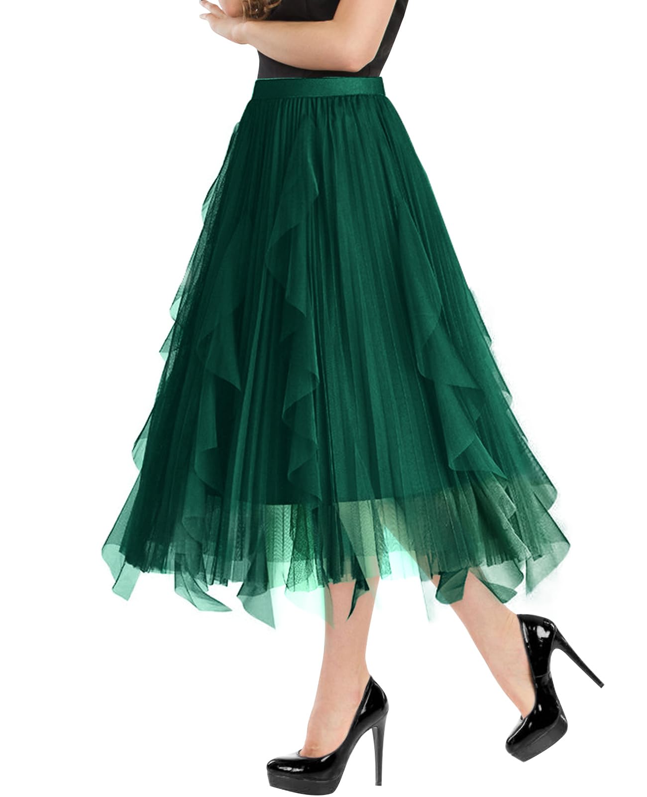 Faldas de tul para mujer, falda tutú escalonada de malla, cintura elástica alta y baja, falda de tul midi para fiesta, Hada Verde, Talla única