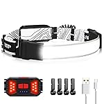 Adelante LED Headlamp Flashlight, 1000LM 230Wide-Beam Rechargeable Head Lamp for Adults, Red Taillight & 4 Clips Waterproof Hard Hat Light Headlamps for Running Hiking and Camping