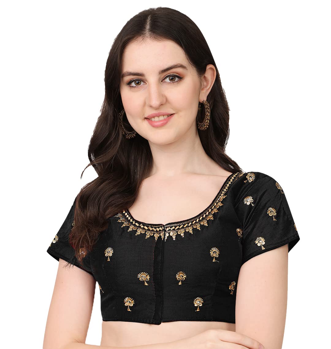 Pujia Mills Women's Phantom Silk Floral Half Sleeve Saree Blouse (Kajalll2L Blouse_Black_38 Size+Margin)