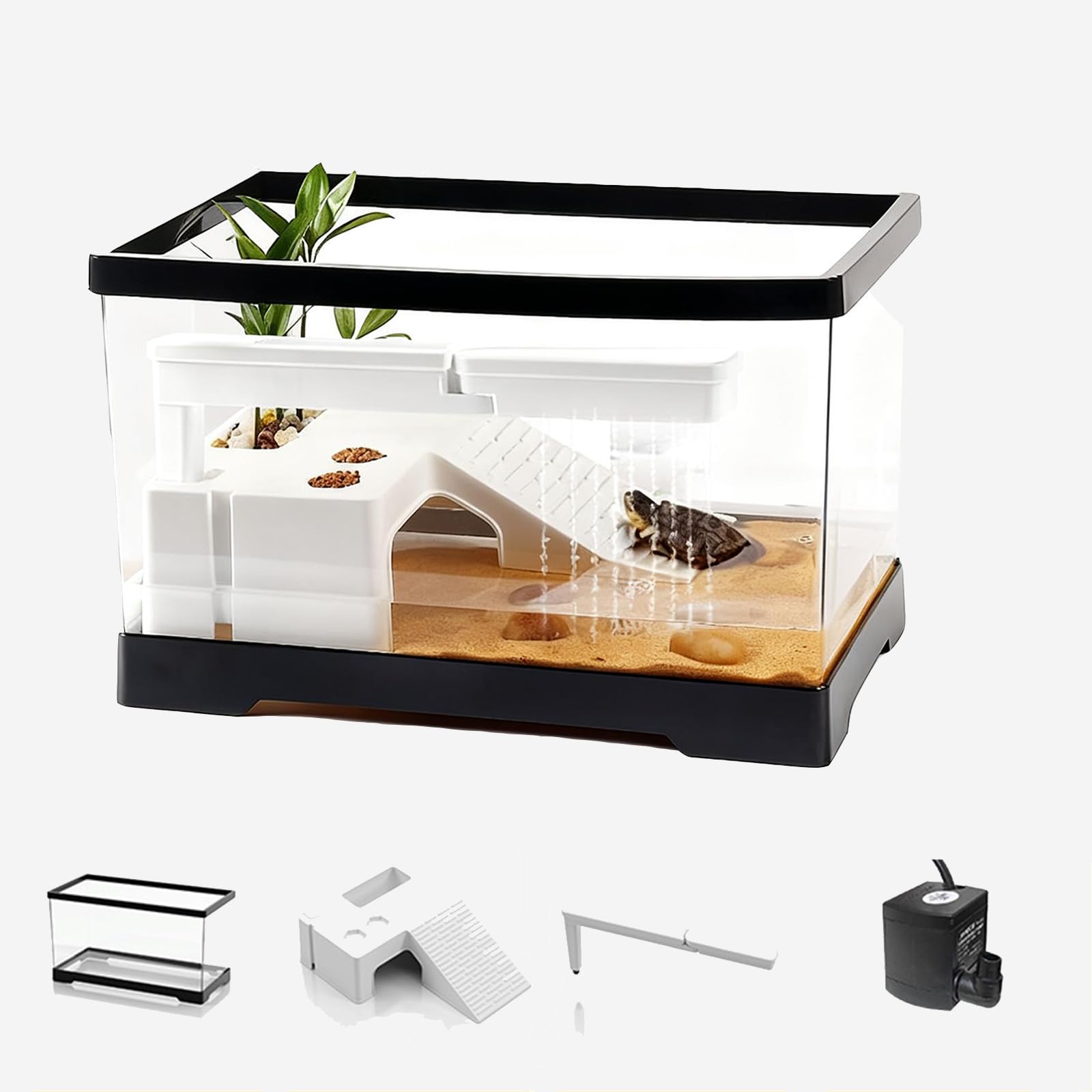 Acuario de tanque de tortuga con plataforma para tomar el sol, lluvia, juguete de criatura acuática, anillo de natación de 40 x 20,5 x 20 cm, kit de hábitat de tortugas pequeñas y tortugas juveniles