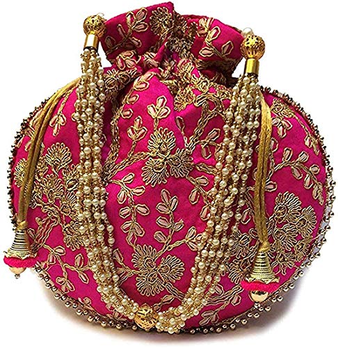 Image of Handcrafted Potli Purse with Golden Floral Embroidery and Pearl Accents