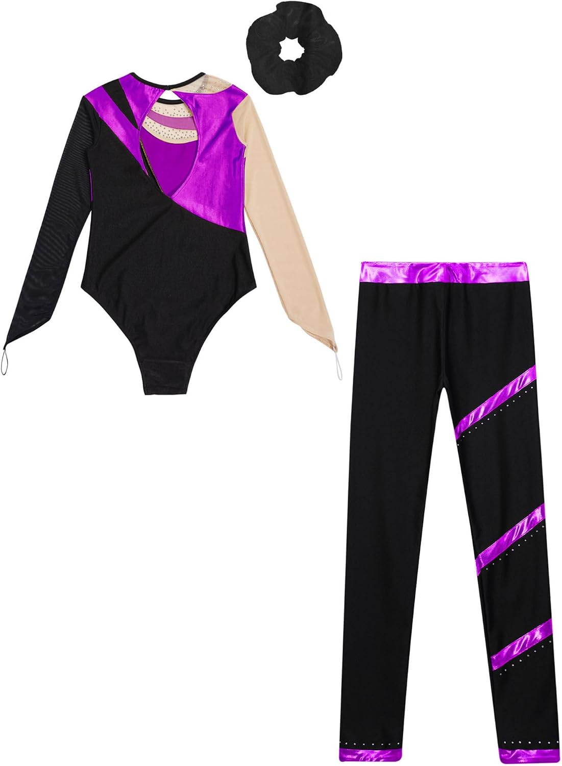 YiZYiF Kids Girls Long Sleeve Gymnastic Leotard with Leggings Hair Scrunchie Dance Skating Outfits Sets Dancewear
