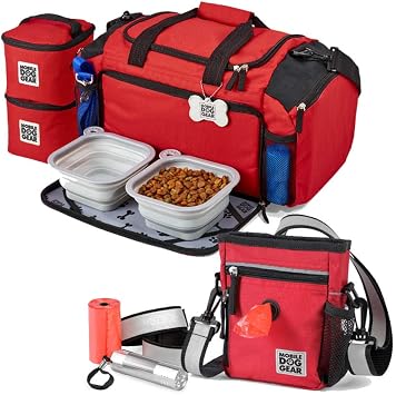 Mobile Dog Gear, Any Size Dog Bundle, Includes Day or Night Reflective Dog Walking Bag and Ultimate Week Away Duffle, Red