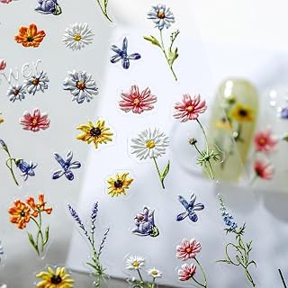 Spring Flower Nail Stickers - 5D Relief Floral Ocean Nail Art Accessories, Fresh Daisy Iris Garden Designs Nail Decoration Stickers, Spring Field Flower Embossed Back Glue Nail Decals