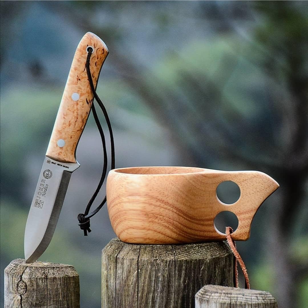 Joker Sport Hunting Knife Nórdico 115, Brown Leather Sheath, 3.94 inches Blade of SANDVIK 14C28N, Tool for Fishing, Hunting, Camping and Hiking (Curly Birch, Leather Sheath with FireStarter)