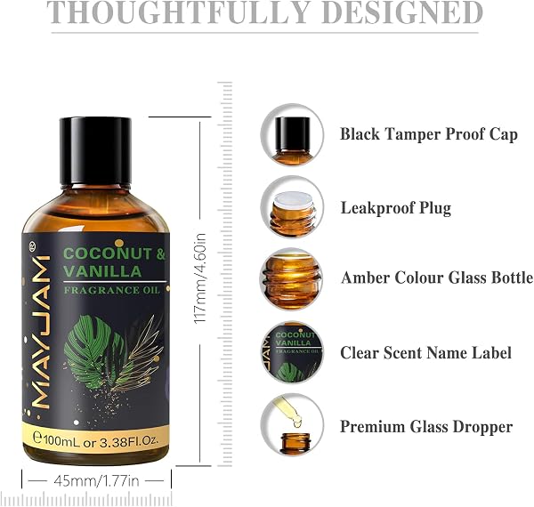 MAYJAM Olio Di Fragranze Di Cocco e Vaniglia 100ml, Premium Cocco e Vaniglia Di Fragranze Aromaterapia Per Olio Essenziali di Diffusori, Umidificatori, DIY, Casa - 4