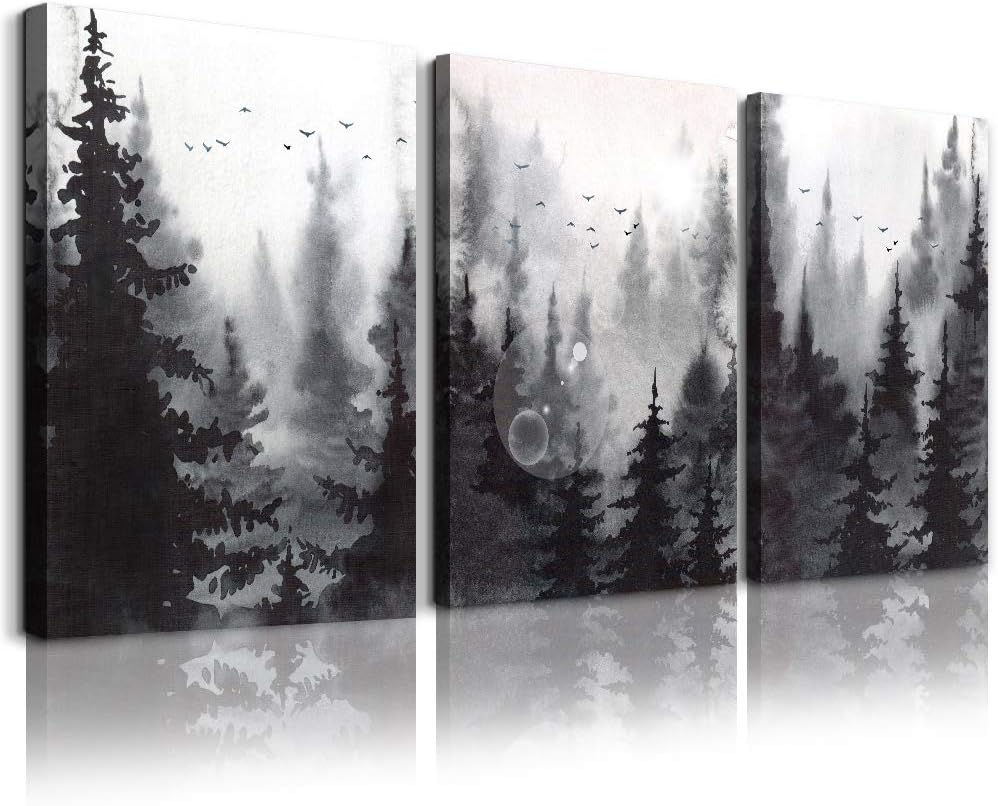 Scenery Watercolor Painting 3 Pieces Canvas Wall Art For Living Room Wall Decor For Bedroom Decorations Modern Office Home Decoration Black And White Forest Landscape Posters Canvas Prints Artwork