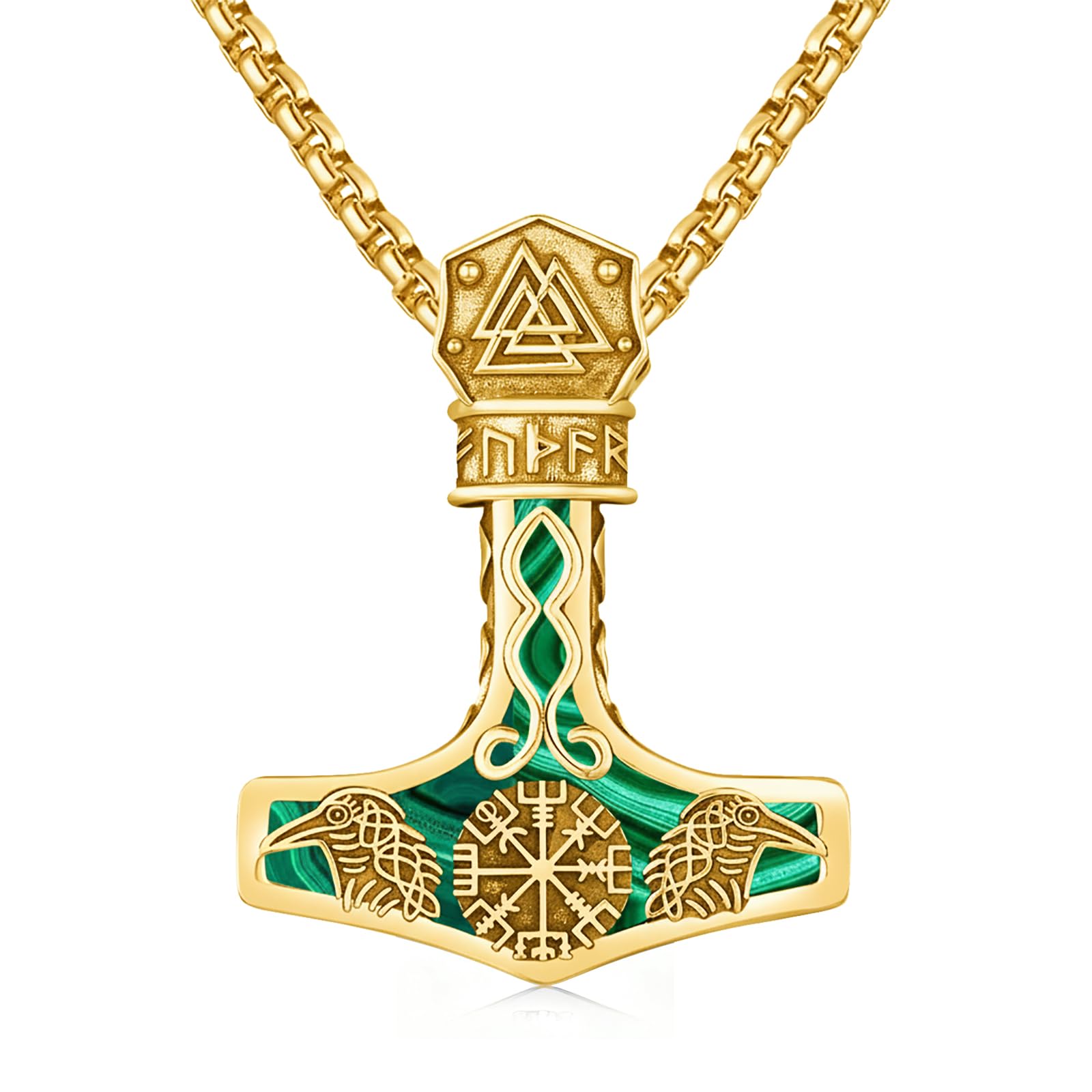 Mjölnir - Collana in argento Sterling placcato oro 14 carati, malachite, bussola vichinga, ciondolo a forma di martello di Odino, catena con rune nordica, Vegvisir, gioiello regalo per donne e