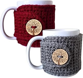 Winter Mug Sweater, Tree of Life Mug Cozy Sleeve, Holiday Cup Cover (Burgundy and Grey)