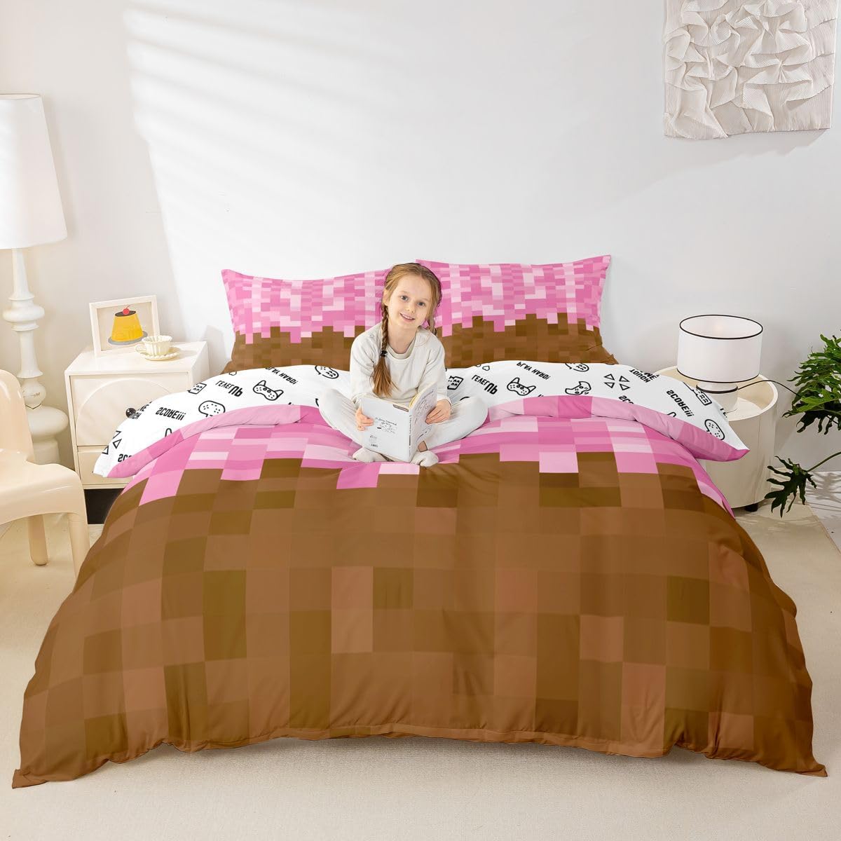 Manfei Pixelated Miners Game Duvet Cover Set Full Size,Video Games Gamepad Gaming Kids Bedding Set,Modern Geometric Square Room Decor,Pink Brown Quilt Cover,2 Pillowcases(No Comforter) image 3