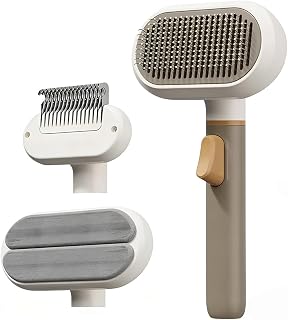 3-in-1 cat brush long hair and dog brush, cat brush with release button, stainless steel felting comb, removes undercoat and loosen knots, with massage bristles and one button hair removal