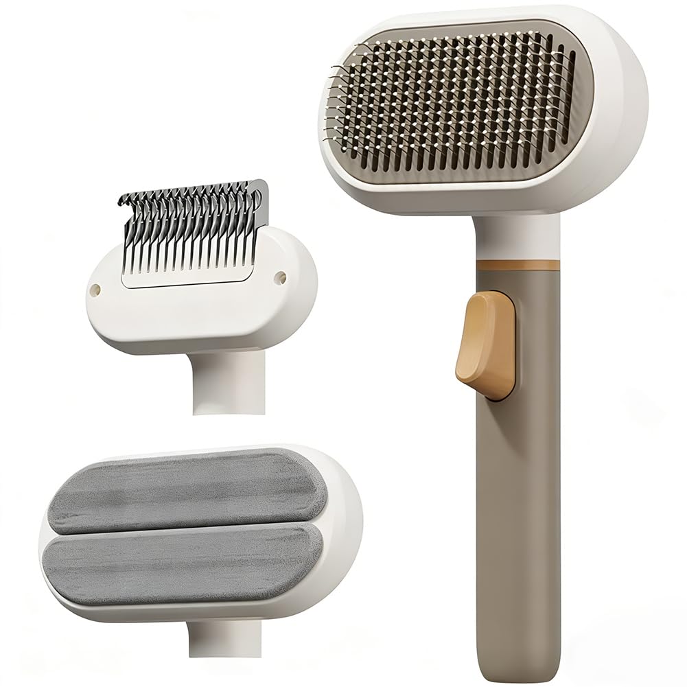 3-in-1 Cat Brush Long Hair and Dog Brush, Cat Brush with Release Button, Stainless Steel Dematting Comb, Removes Undercoat & Loosens Knots, with Massage Bristles & One Button Hair Removal
