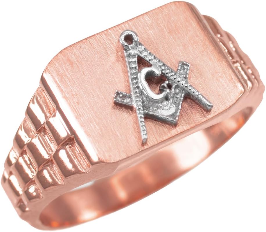 LA BLINGZ 14K Rose Gold Masonic Square Mens Watchband Ring (Size 10)