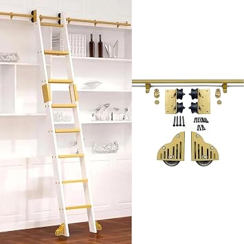 3.3ft - 24ft Gold Sliding Library Ladder Full Set Track Kit, Rolling Ladder Hardware with Braking Floor WheelsNo Ladders13ft/400cm Track kit