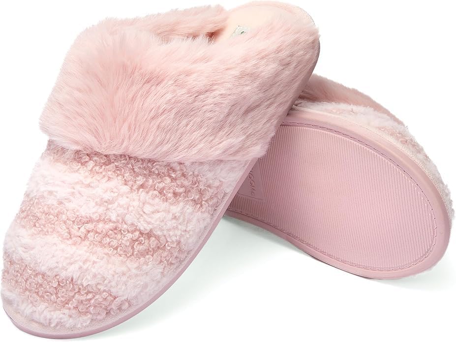 Fruit of the Loom Womens Memory Foam Slippers, Stripe Feather Fur Cuff Clogs, Soft Fuzzy, Gifts for Women, Blush, XL