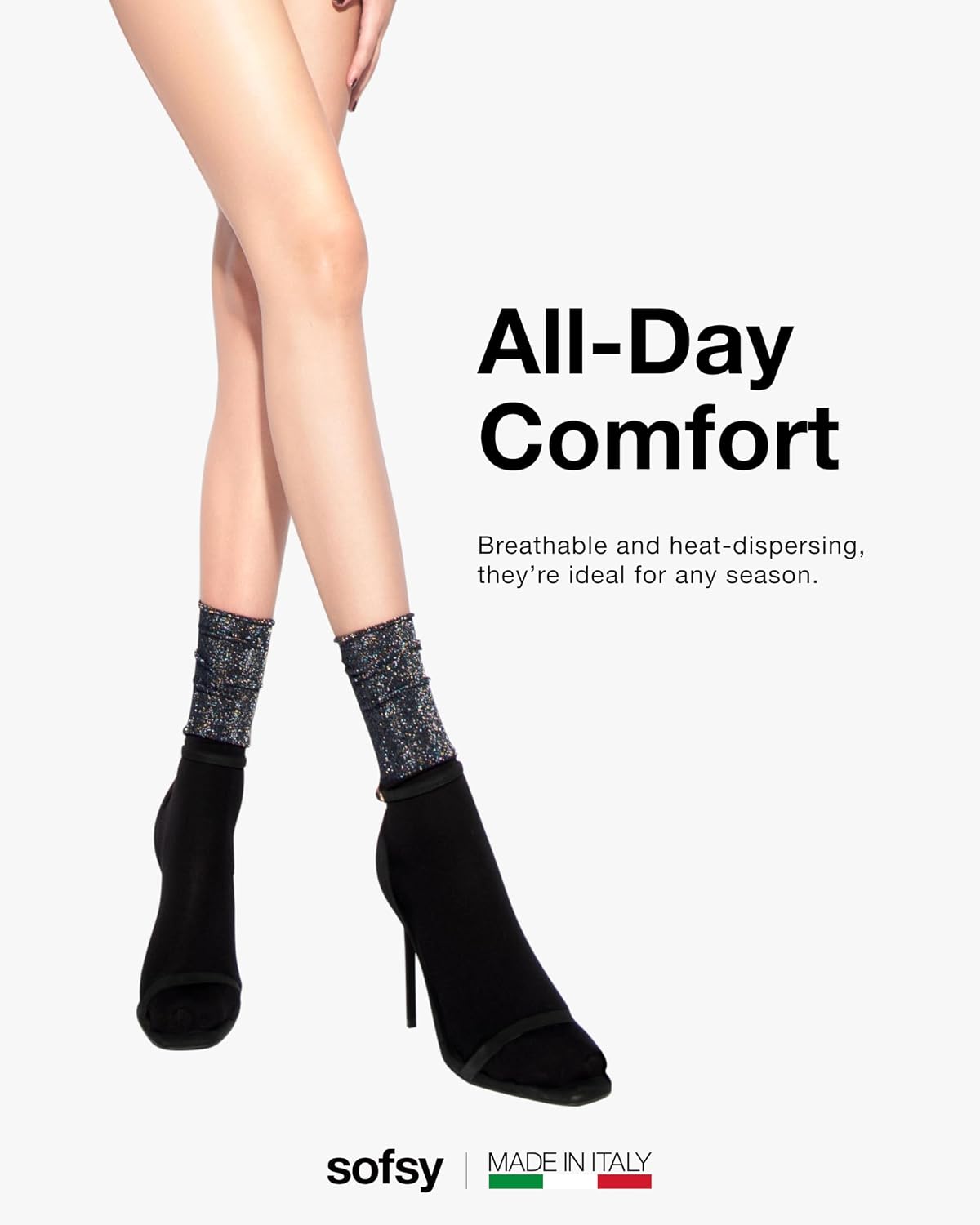 sofsy Sparkle-Finish Essentials - Italian-Made Women's Glitter Ankle Socks for Boots | Metallic Sparkly Tube Crew Socks