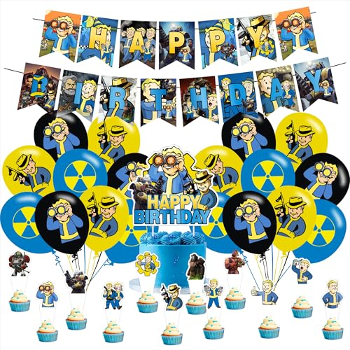 Cartoon For Fallouts Vedio Game Birthday Party Supplies Set Birthday Decorations Set Include Banner Balloons Hanging Swirls Cake Cupcake Toppers for Boys Girls Party.