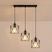 Vintage Pendant Chandelier 3 Lights, Height Adjustable Industrial Ceiling Light E27 Black Metal Cage, Retro Ceiling Lamp for Kitchen, Bedroom, Dining Room