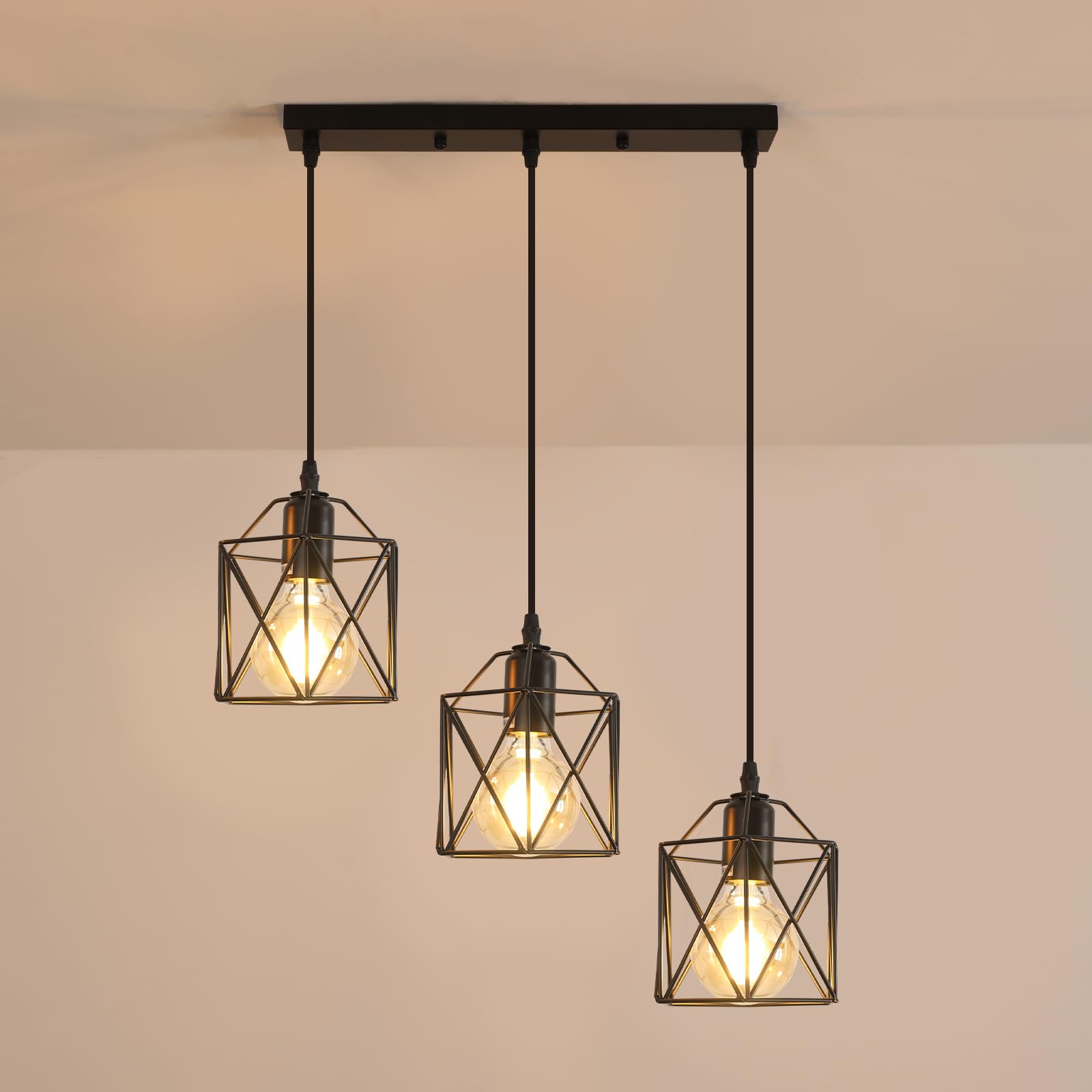 Lampa wisząca w stylu vintage, 3 lampy, z regulacją wysokości, przemysłowa lampa sufitowa E27, czarna metalowa klatka, retro lampa sufitowa do kuchni, sypialni, jadalni