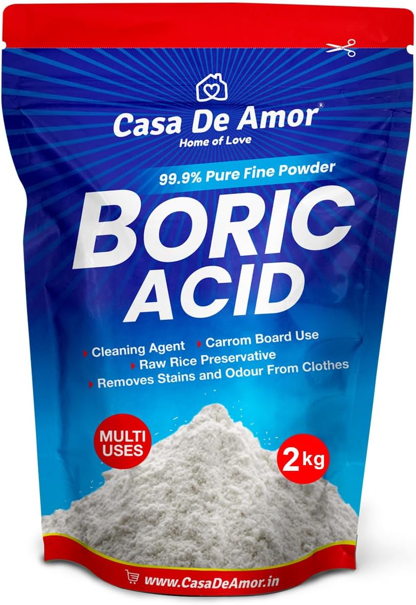 Casa De Amor Multi-Purpose Boric Acid 99.9% Pure Fine Powder- Highly Effective for Carrom Board, Rice Preservative, Multi-Purpose, Anhydrous (2 Kg)