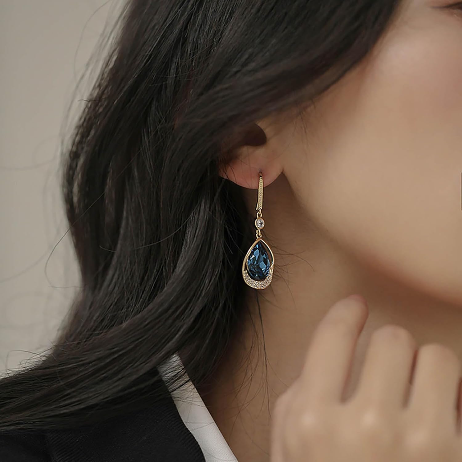 Vintage Sapphire Teardrop Earrings Blue Crystal Dangle Hook Earrings Cz Sapphire Blue Drop Earrings Boho Cz Rhinestone Earrings Jewelry for Women - Image 5