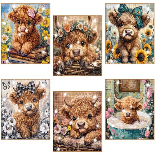 Chunful 6 Pcs Bow Highland Cow Diamond Painting Kits DIY Painting for Adults Diamond Crafts Aesthetic Room Decor Cute Coquette Bow Pictures 5d Craft Wall Decor for Home 10 x 11.8