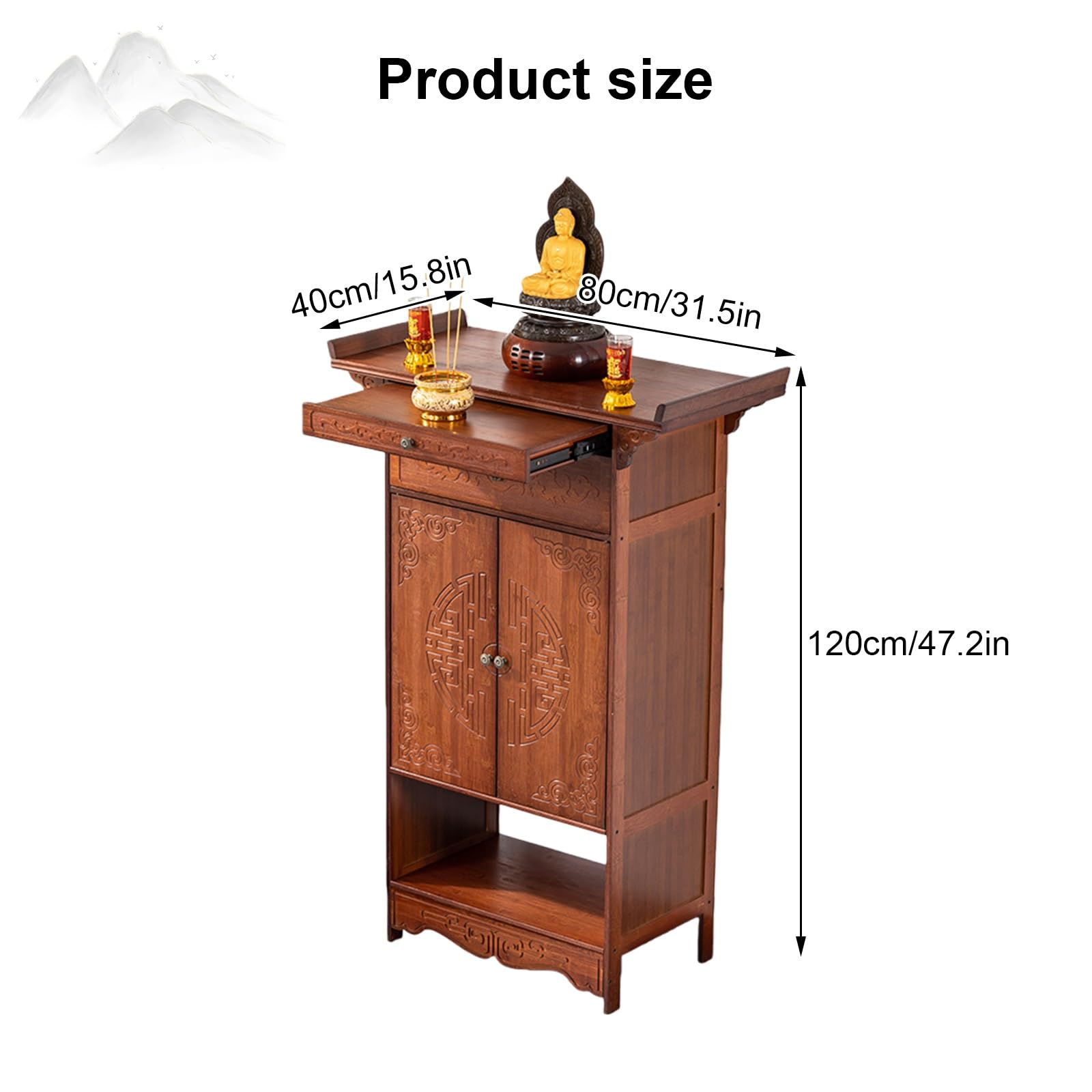 Tavolo da altare per meditazione con contenitore, design bordo e cassetto, ideale per pratiche spirituali e decorazioni, costruzione in legno