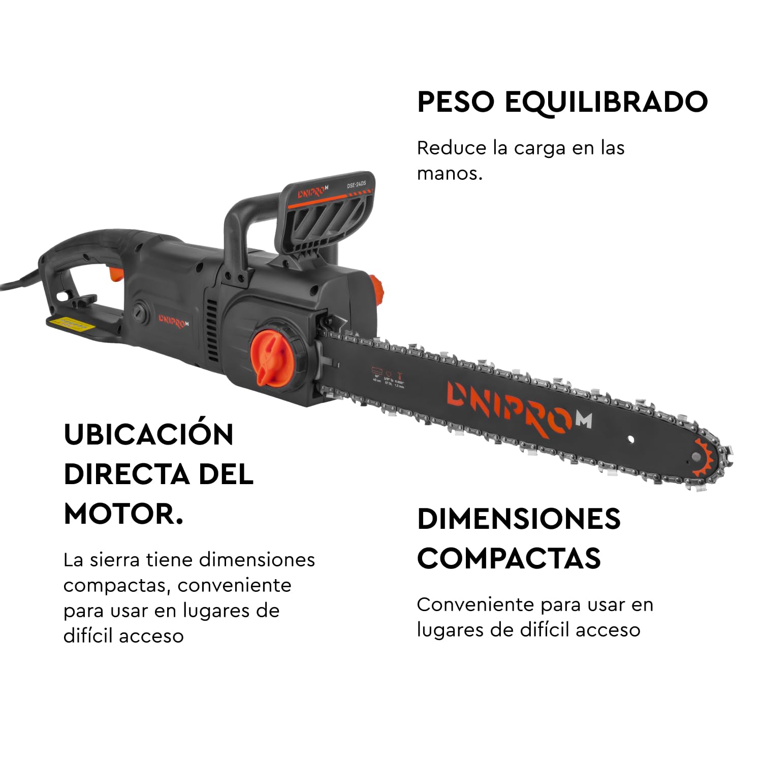Motosierra Eléctrica 2400W Espada 40cm, para Poda, Corte de Troncos y Leña, Tensor de Cadena Sin Herramientas, Lubricación Automática, Arranque Suave, Freno de Cadena. DSE-24DS