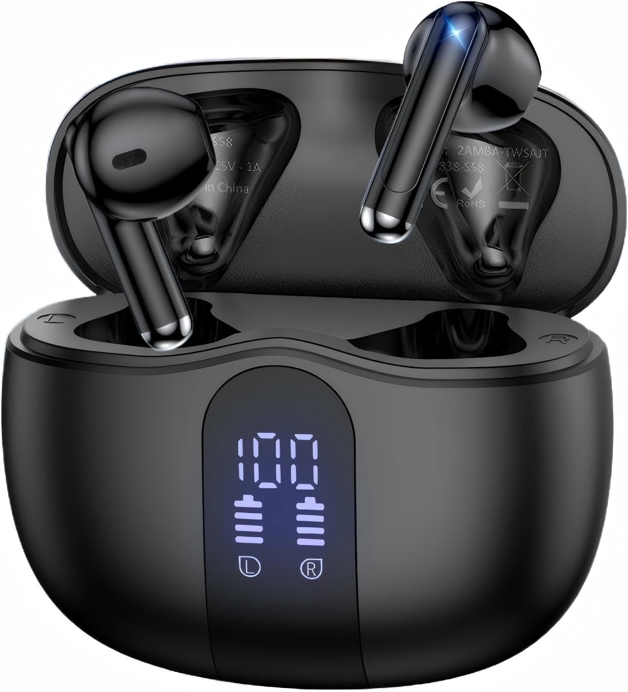 Wireless Earbuds, Bluetooth 5.4 Headphones HiFi Stereo with 4 HD Mic, 50H Playtime Bluetooth Earbuds with LED Display, IPX7 Waterproof Wireless Earphones, Touch Control Ear Buds,USB-C Black