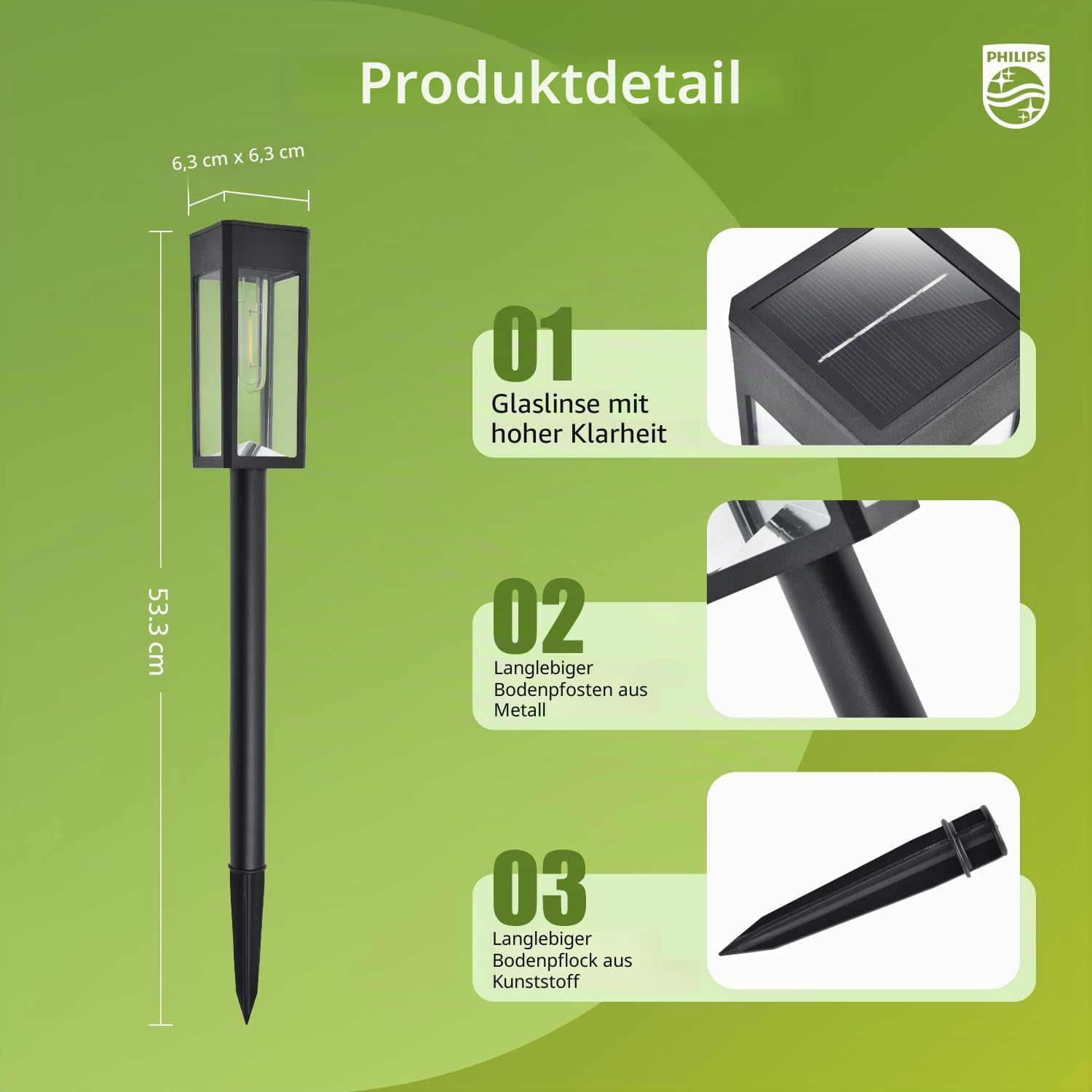 Philips Solarleuchten für Wege – Beleuchtung für Landschaftsgärten, Garten, aus Glas und Metall, 3000 K, warmweiß, wasserdicht, für Dekoration von Hof, Auffahrt, Terrasse, Driveway, Rasen, 6 Stück