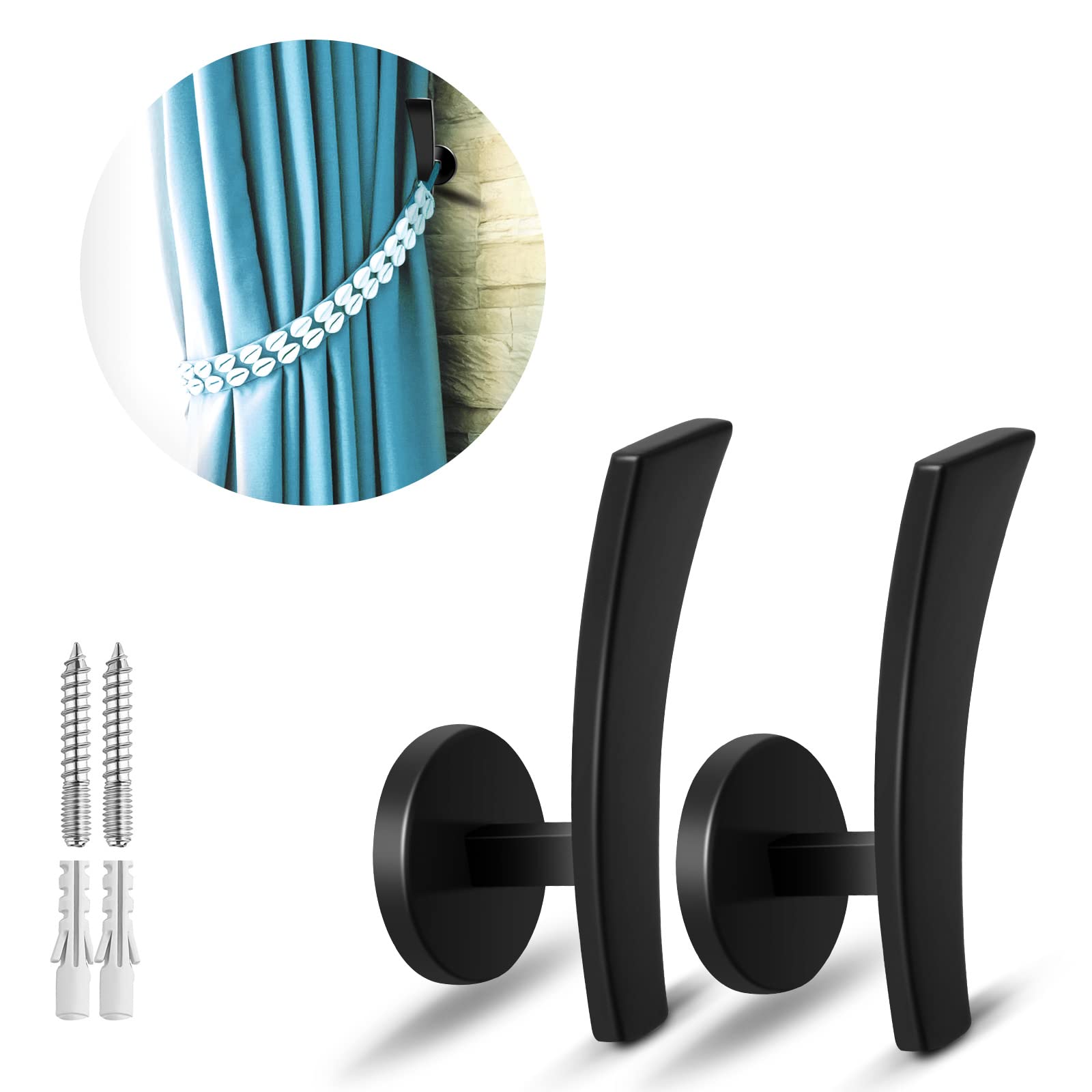 KOLAKOCurtain Tie Backs Hooks, Black Curtain Holdbacks Wall Mounted Metal Decorative Window Drapery Tiebacks Tassel Rope Holders, Hold Backs Pair with Screws (Set of 2)