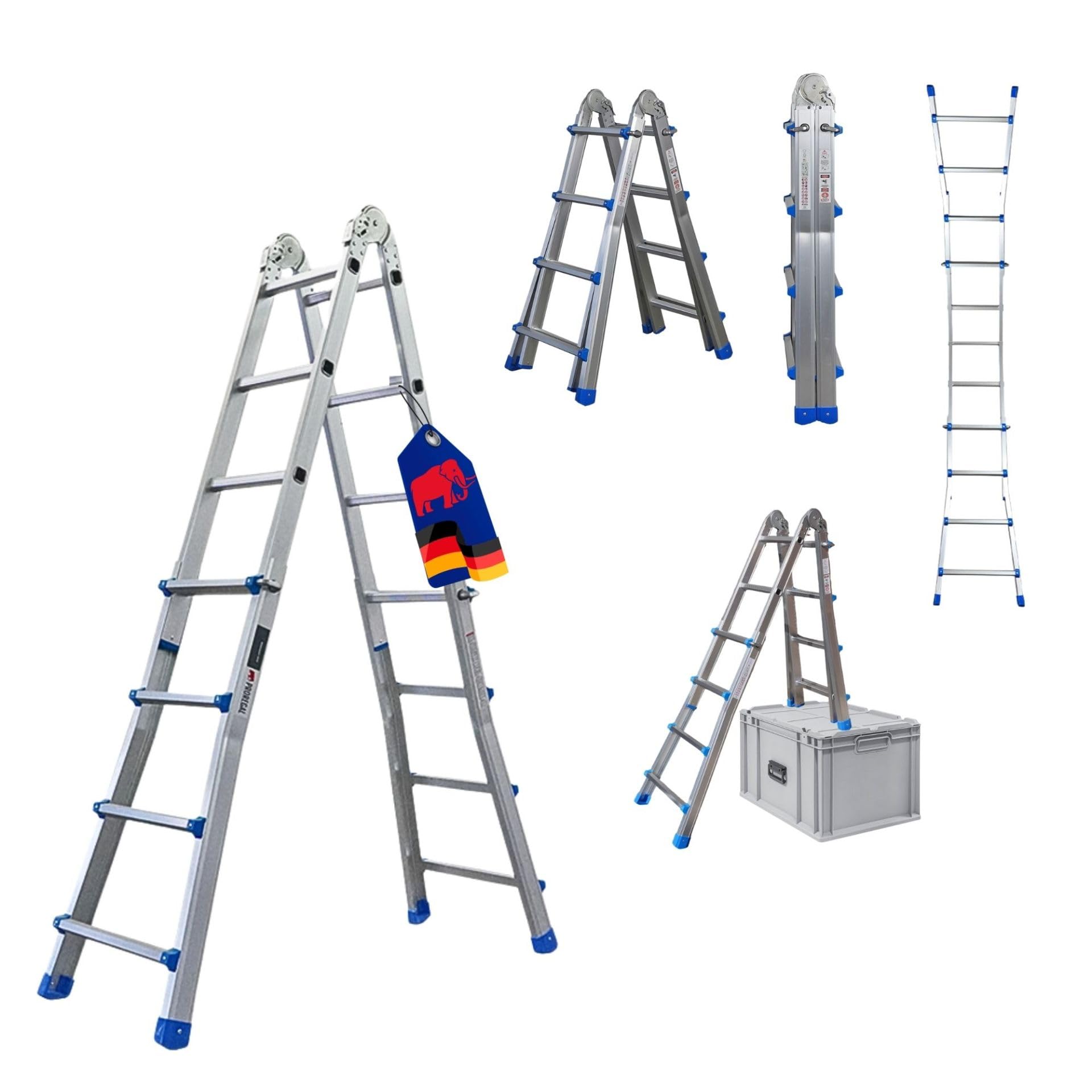 PROREGAL Scala Multifunzionale APOLLO 3-in-1 Scala in Alluminio 4x4 Pioi Altezza fino a 4 m Argento scala pieghevole, telescopica, a pioli, d'appoggio