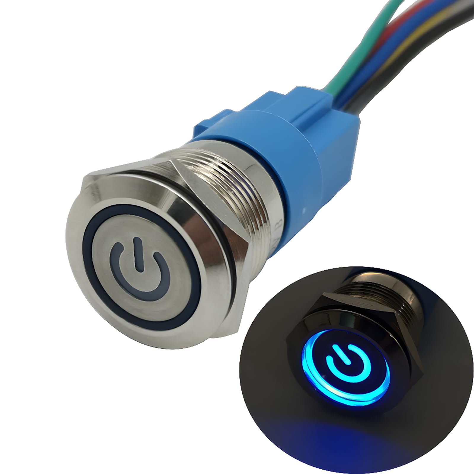 CESFONJER Interruptor de Botón de Bloqueo | Botón Interruptor Resistente al Agua | LED Azul SÃmbolo de poder 19mm 12V Metal Encendido/Apagado Para Automovil, Barco, Etc