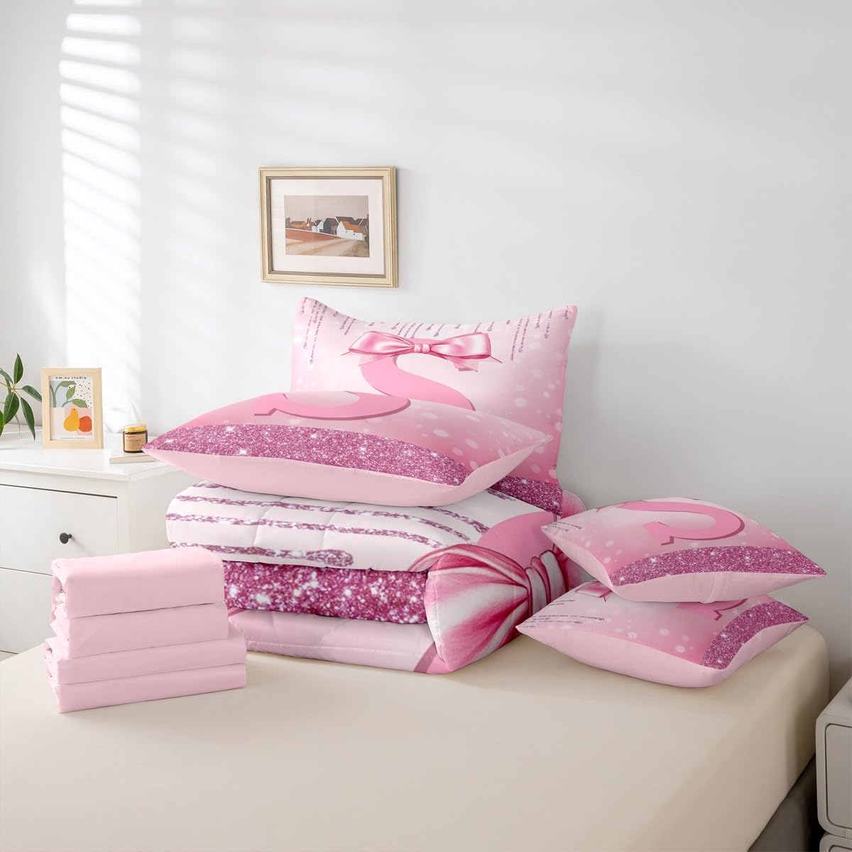 Erosebridal Kids Pink Bowknot 7 Pieces Bedding Set Full Size, Customized Initial S Bed in A Bag Princess Glitter Comforter Set with Sheets Teen Girl Bow Alphabet Bed Set Bedroom Letter Birthday Gifts