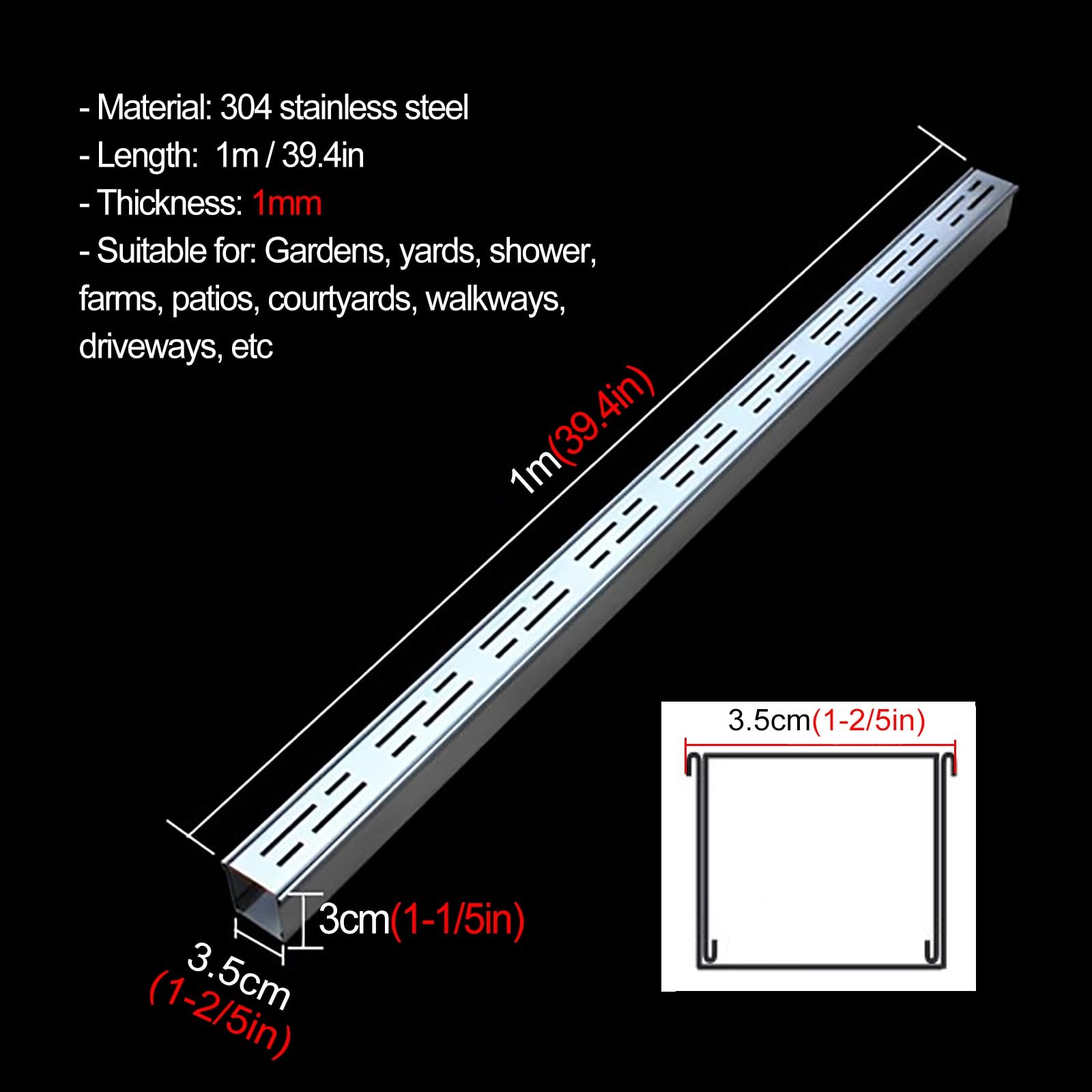 Genérico Kit de canaleta de Drenaje Delgada - Canaleta de Perfil bajo de 99 cm para Aguas pluviales Exteriores, 5 Rejillas de 5x5 cm para paisajismo y Agricultura, soluc