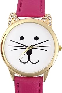 Qtqgoitem Lady Faux Leather Band Cat Face Design Dial Quartz Wrist Watch Fuchsia (Model: 16a f1b 652 463 22d)