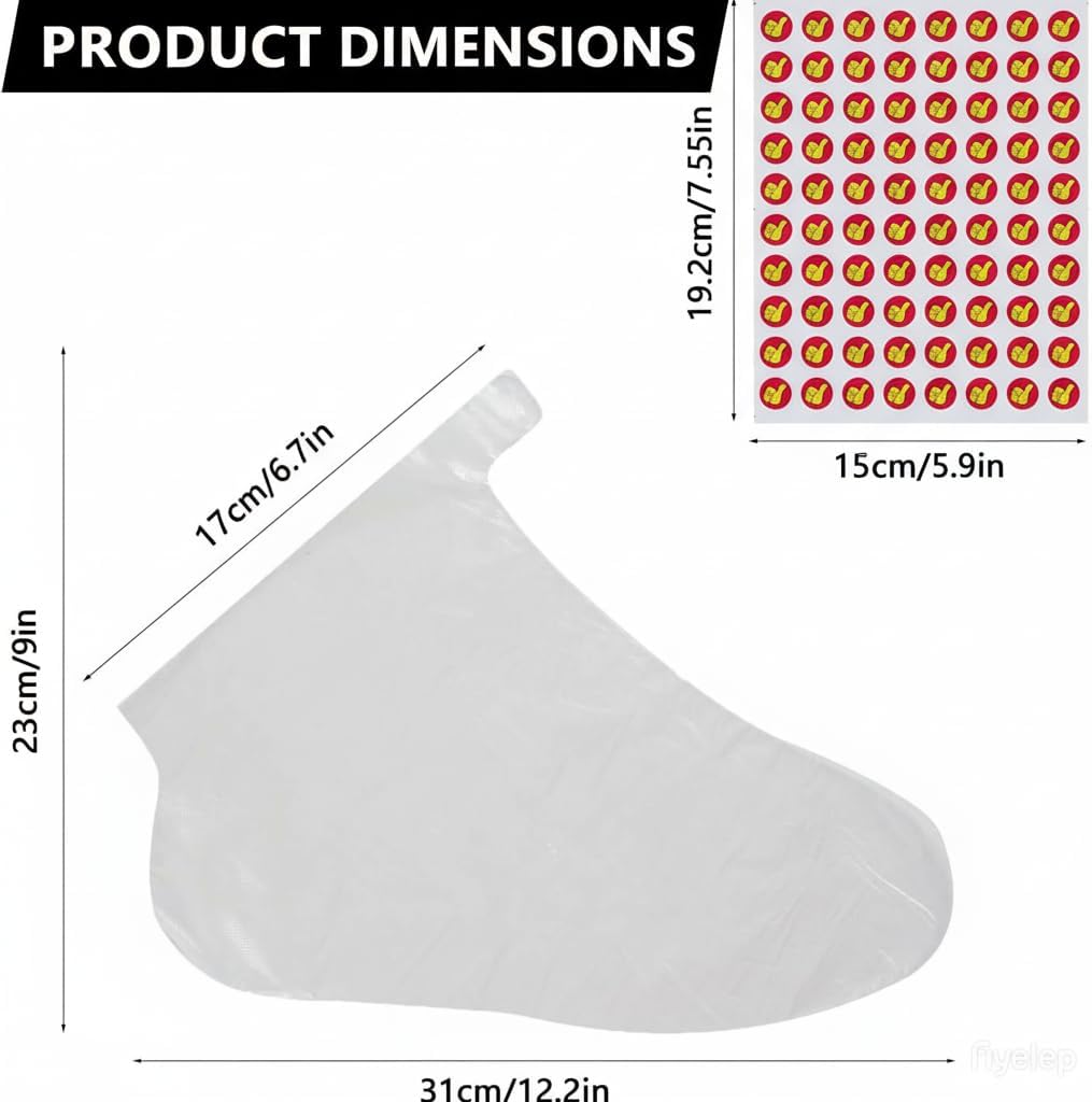 Plastic Disposable Foot Moisturizing Socks - 300 Count Paraffin Wax Spa Bags with 320 Secure Closure Stickers | Waterproof Liners for Pedicure & Dry Skin Treatment, Clear