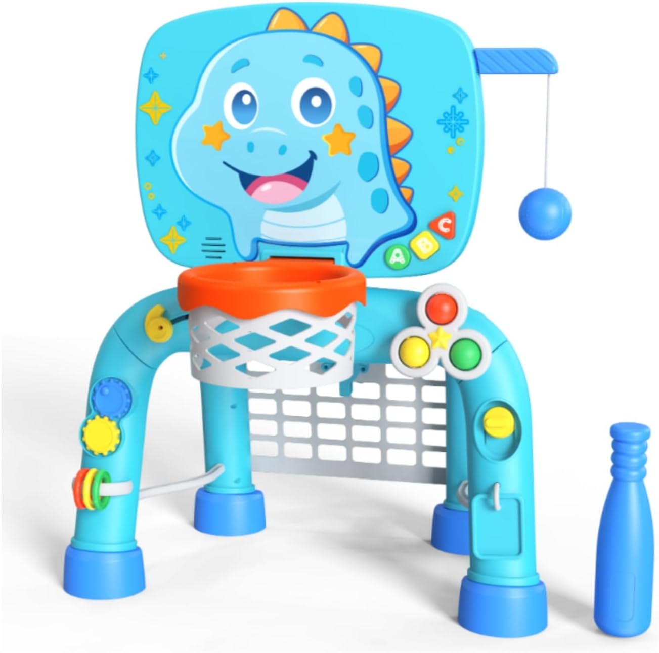 Basketball Hoop & Soccer Goal & Baseball Activity Center, Dinosaur Montessori Sports, Baby Blue