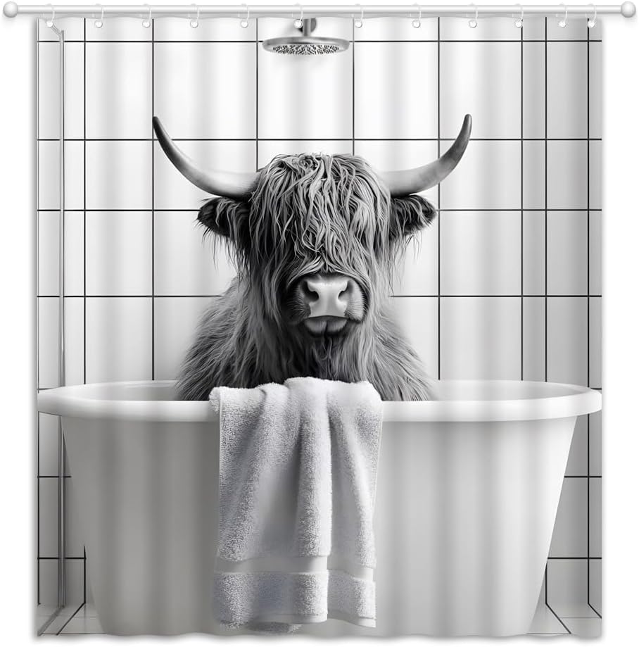 Funny Highland Cow Shower Curtain Cattle Bull Black Grey Longhorn Wildlife Animal Country Rustic Farmhouse Fabric Bathroom Decor Curtains with Hooks, 86" Wx70 H
