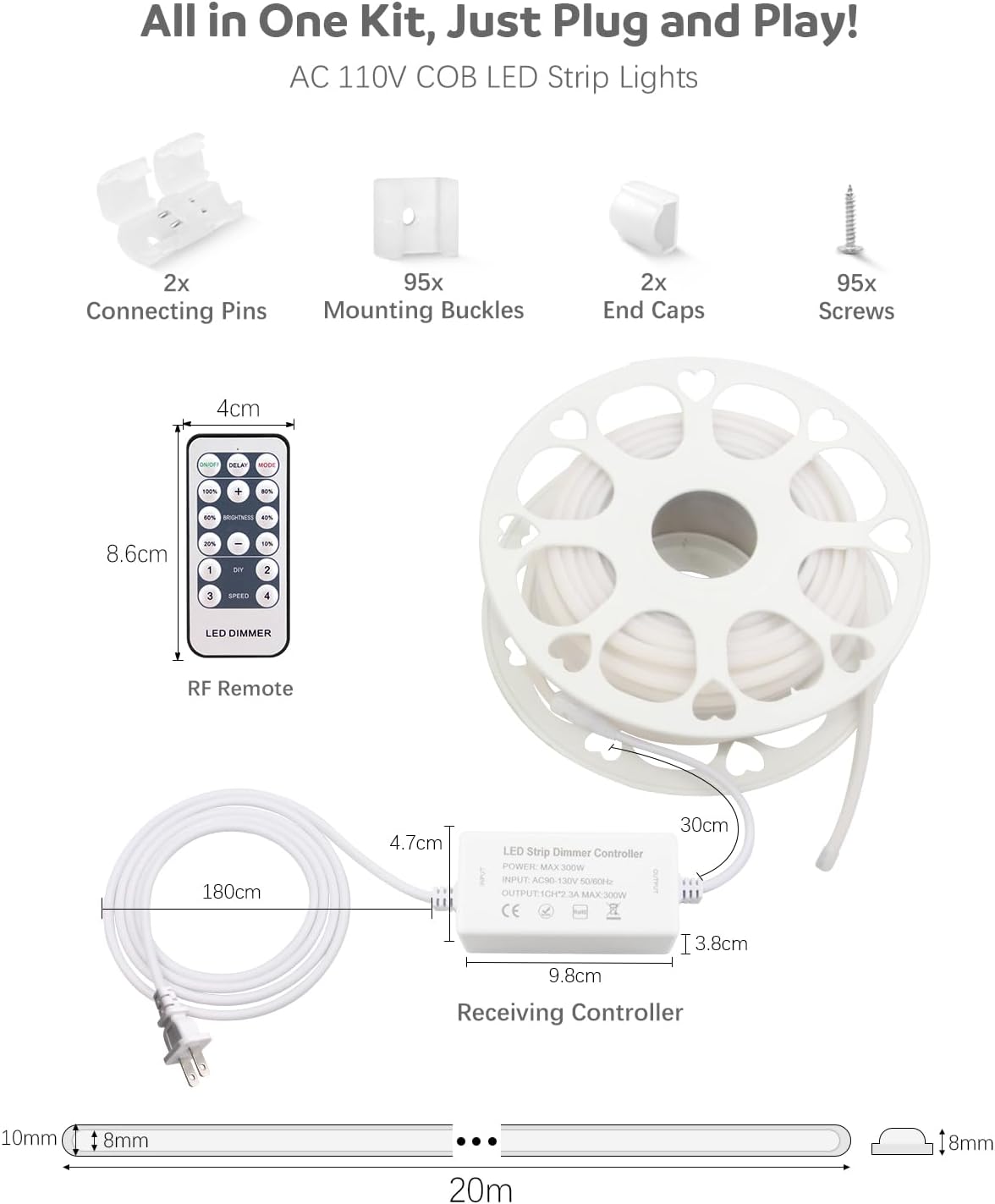 ALITOVE 120V 110V COB Led Strip Light Kit Dimmable Waterproof IP67 3000K 65.6ft Warm White LED Light Strips Outdoor 5760LEDs Super Bright Neon Rope Lights with Remote for Home Commercial Lighting - Image 8