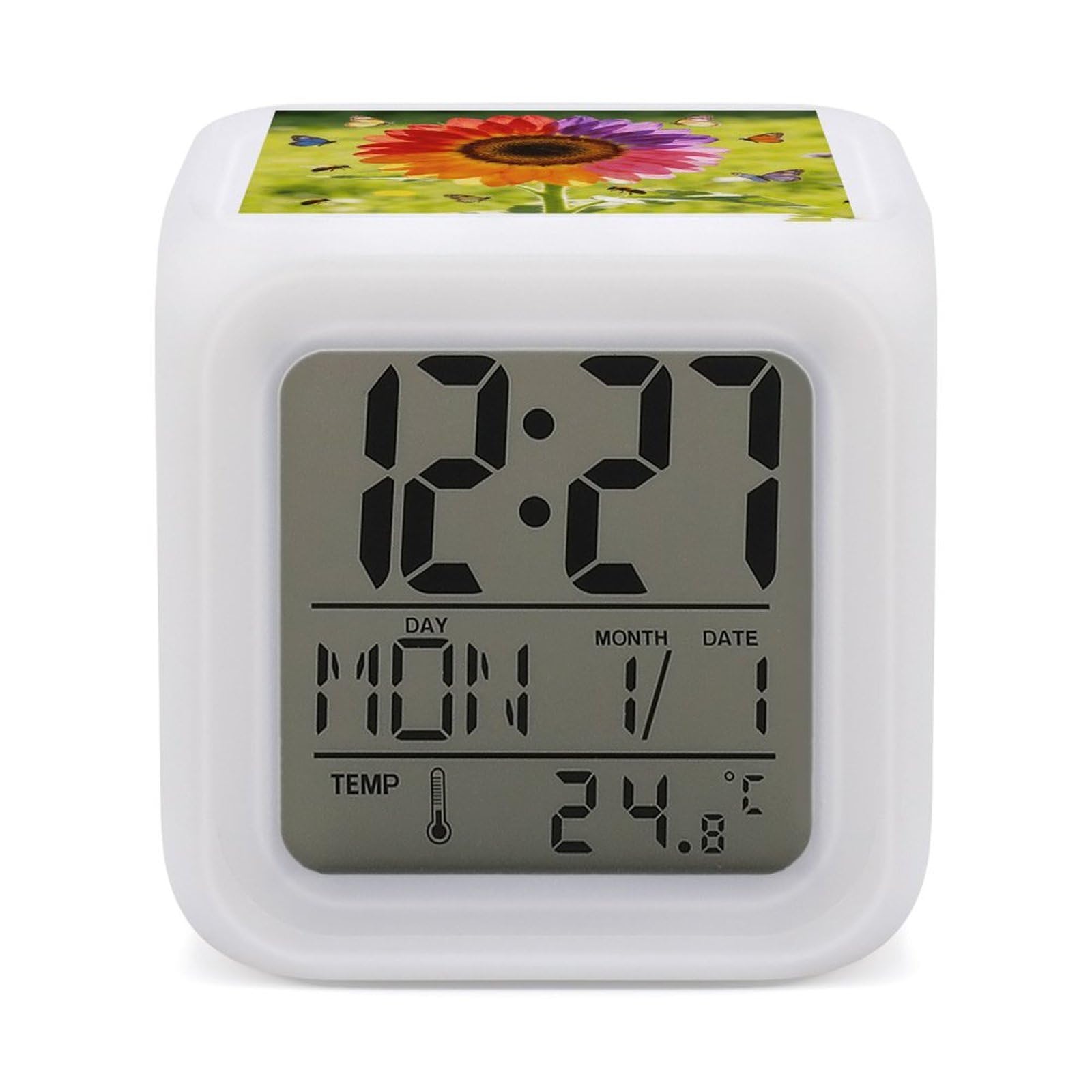 LZQPOEAS Colorful Sunflower Alarm Clock with 7 Color Changing Nightlight for Bedroom Calendar Temperature Display Wake Up Digital Clock Small Desk Clocks for Heavy Sleepers Adults