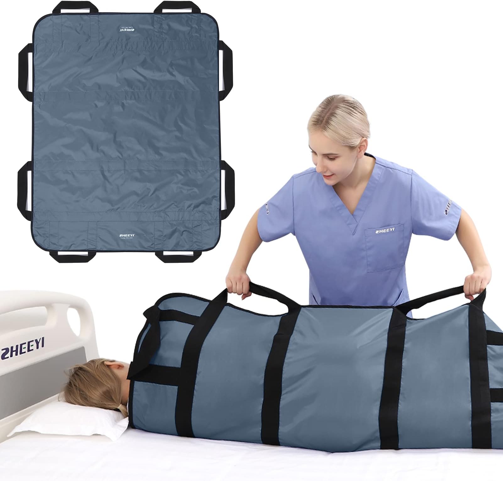 Multipurpose 48" x 40" Positioning Bed Pad with Reinforced Handles - Reusable & Washable Patient Sheet for Turning, Lifting & Repositioning - Double-Sided Nylon Fabric, Gray