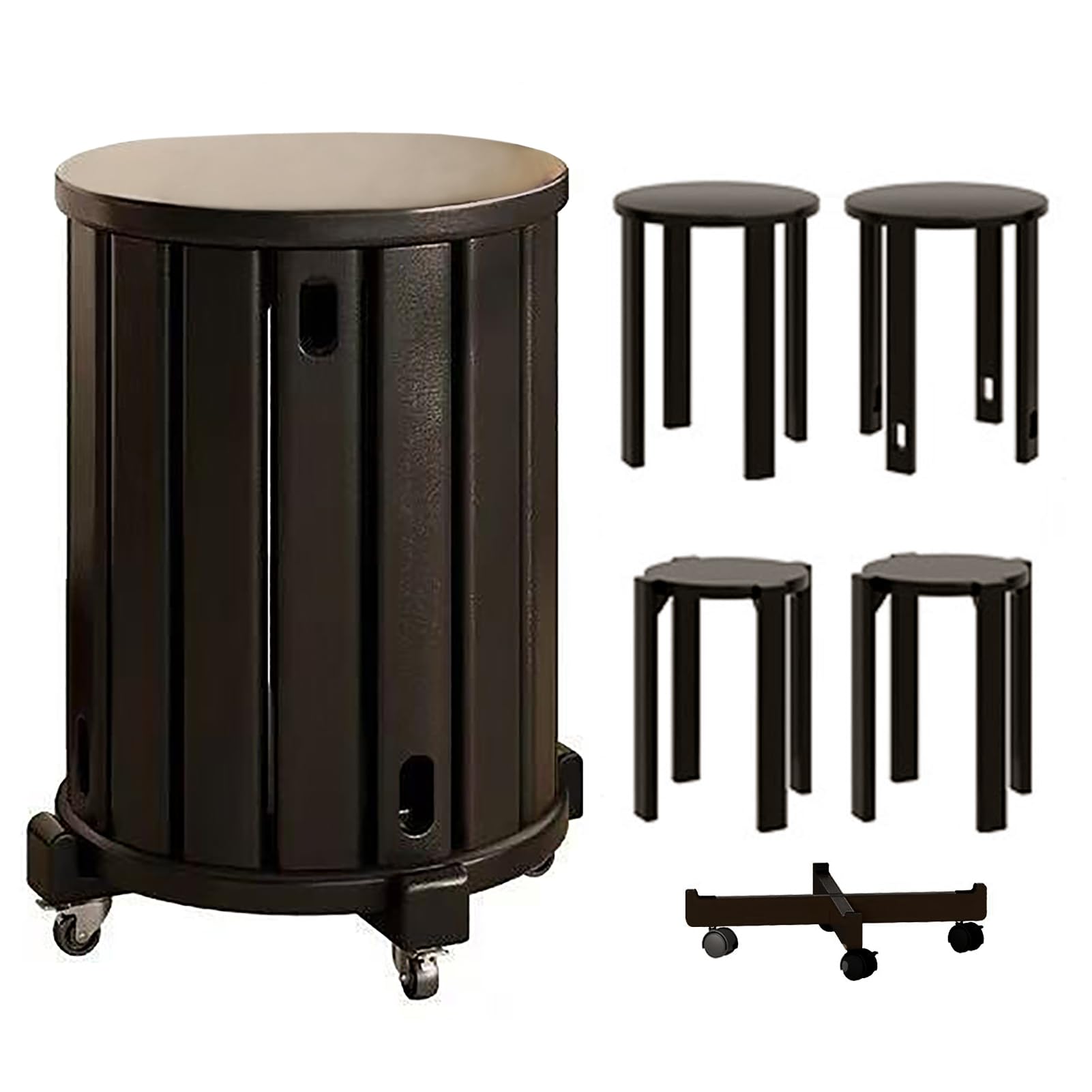 Tabourets ronds empilables en bois noir pour créer un coin repas modulable dans votre cuisine