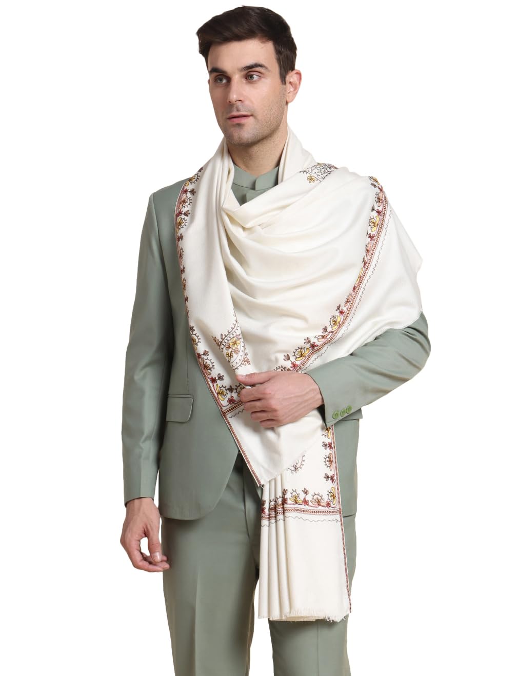 weavers villa Men's Acro Wool Blend Hand Embroidery Threadwork Shawl - Handloom Paisley - Stoles for Men - Gents Shawls - Soft & Warm Wrap - Ideal for Winter - Size 100cm x 200cm-picture-46