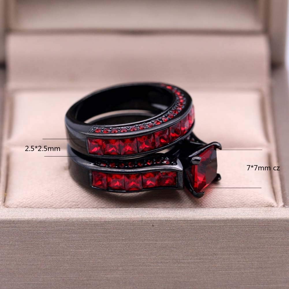 Black Gold Plated Womens Wedding Ring Sets Bridal Sets Princess cut Red Cz Engagement Ring Wedding Bands - Image 6