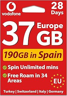 giffgiss Vodafone Europe Prepaid SIM Card 37GB Data in 34 Countries (Spain 190 GB+Unlimited Calls) Supported Mobile Hotspot Travel Use in UK Switzerland Turkey Italy for 28 Days Cell Phone